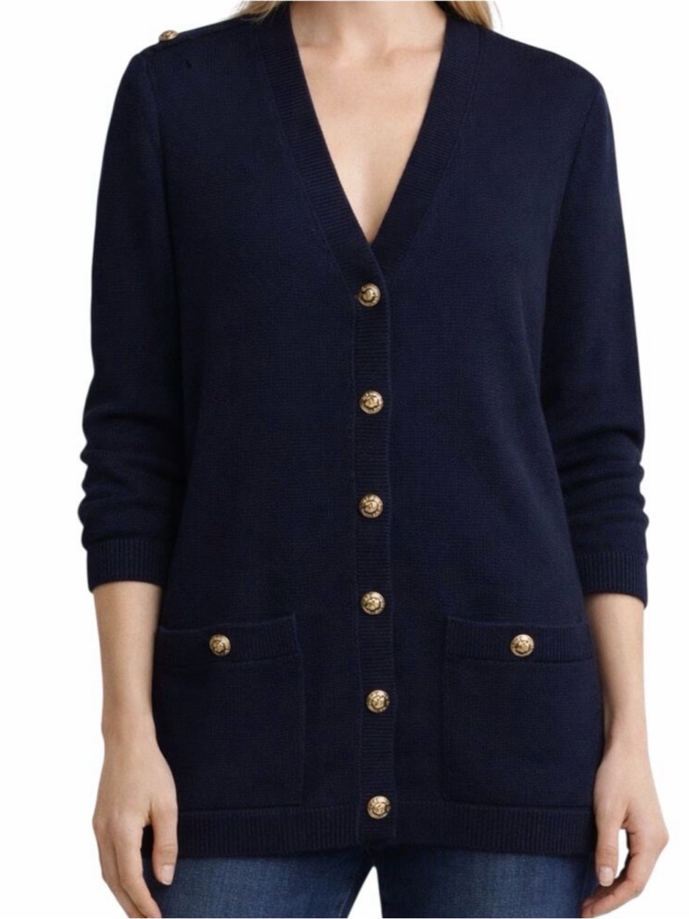 St. John Women’s Navy Knit V-Neck Button-Front Cardigan Sweater Pockets M